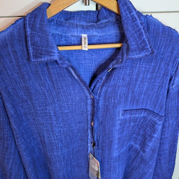 Indigo Hand-Dyed Look Button-Up Blouse | 100% Cotton, Raw Edges, Size 1X (NWT) - Picture 2 of 14